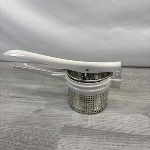 Vintage Metal Potato Masher Ricer Juice Press White Handled Kitchen tool